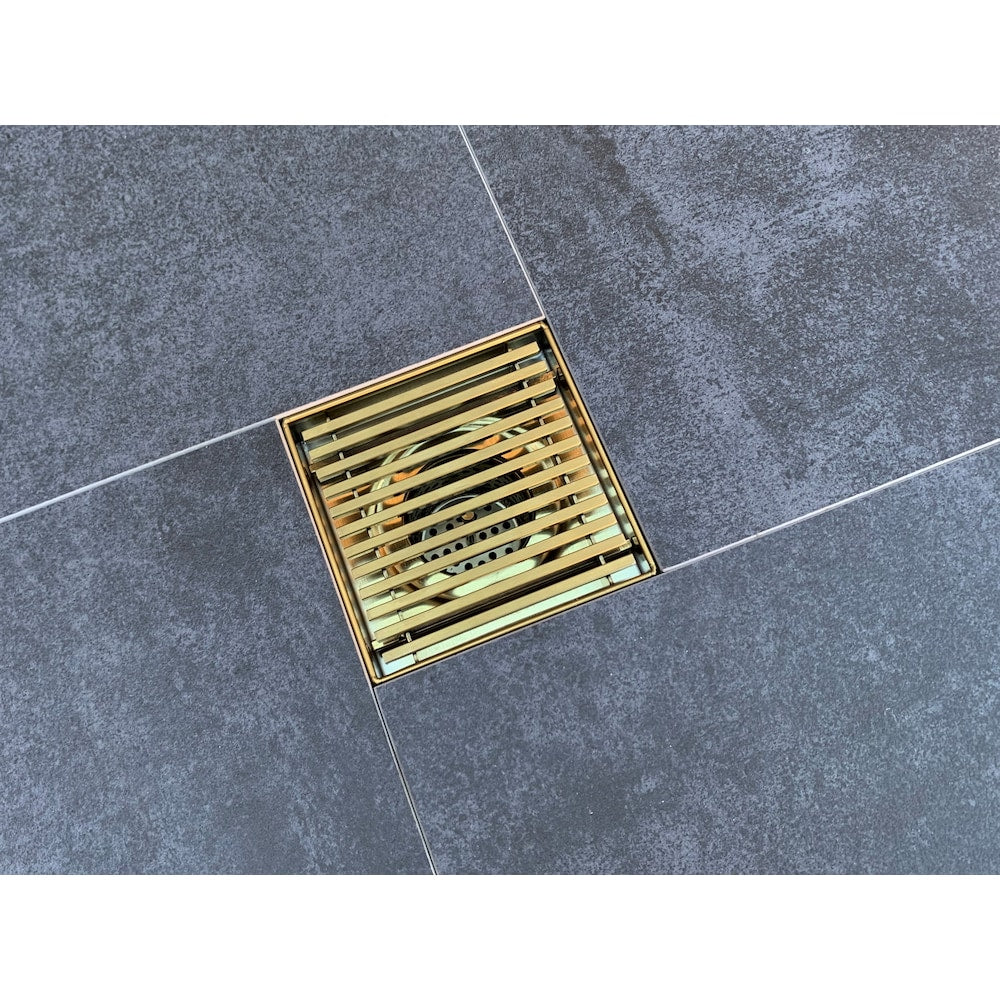 6 inch x 6 inch Brushed Gold Square Shower Drain with Linear Pattern Drain Cover