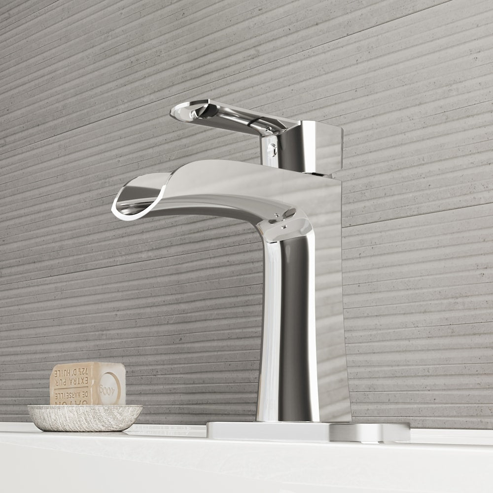 Robinet de salle de bain à cascade à poignée unique et trou unique Paloma avec plaque de pont et bonde escamotable en chrome