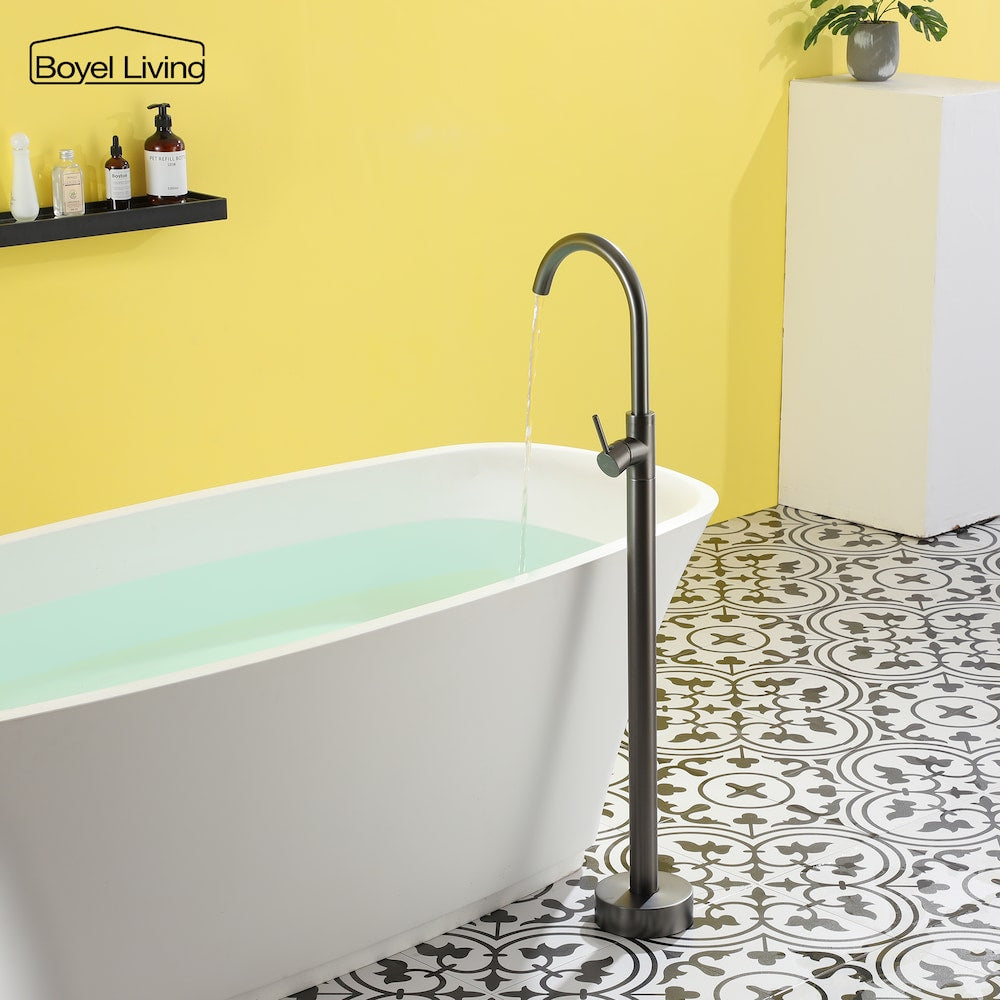 Robinet de baignoire autoportant à montage au sol avec conduites d'alimentation en eau en gris bronze
