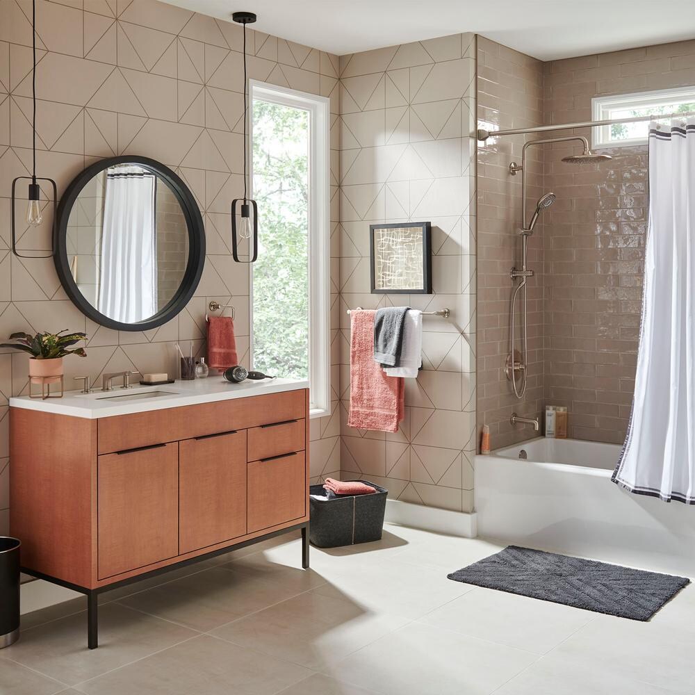 Robinet de salle de bain Studio S à grand débattement (8 pouces) à 2 poignées et à arc bas en nickel brossé (valve et drain inclus)