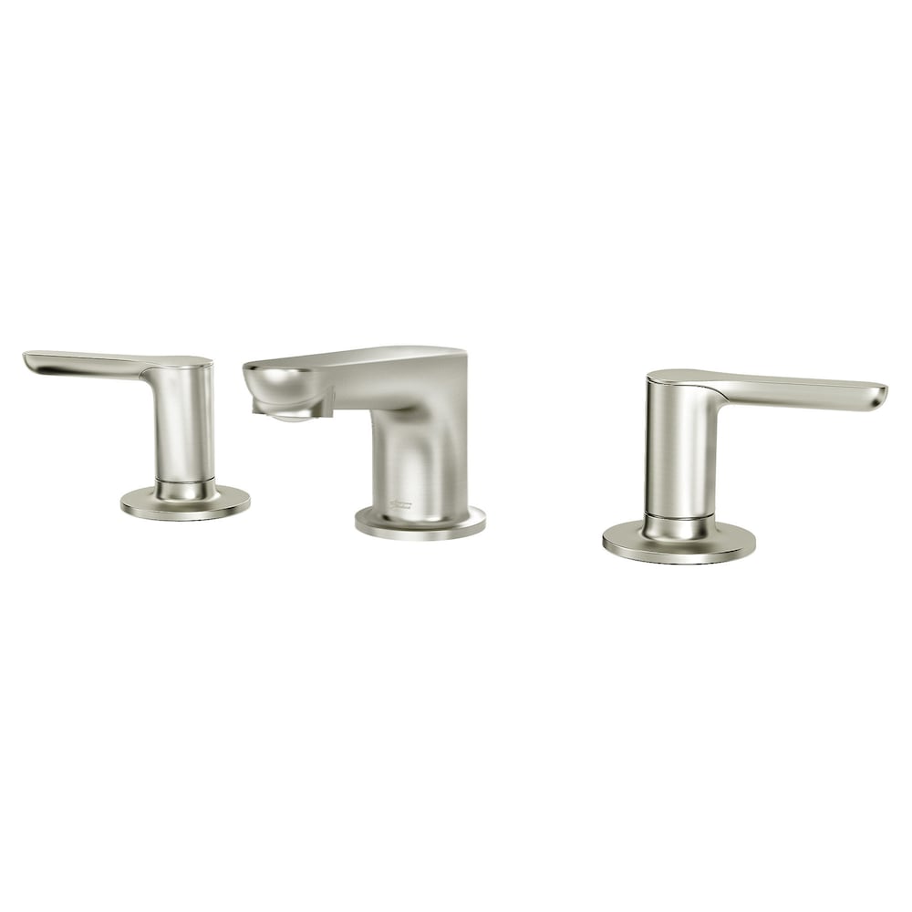 Robinet de salle de bain Studio S à grand débattement (8 pouces) à 2 poignées et à arc bas en nickel brossé (valve et drain inclus)
