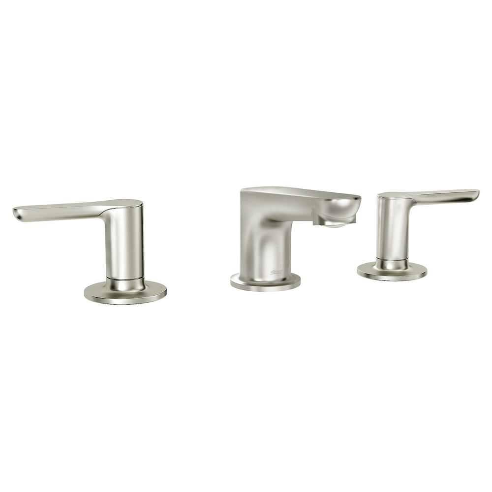 Robinet de salle de bain Studio S à grand débattement (8 pouces) à 2 poignées et à arc bas en nickel brossé (valve et drain inclus)