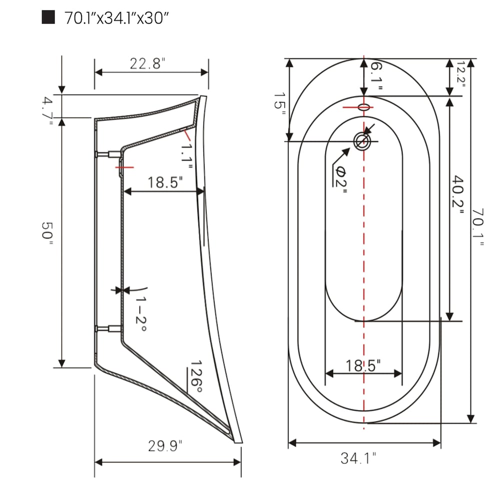 Baignoire Nimes en acrylique à fond plat de 70 pouces à gauche en blanc