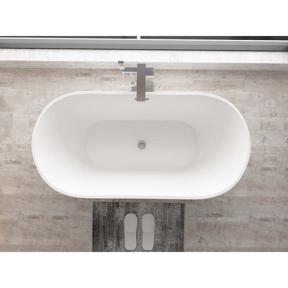 Baignoire autoportante ovale en acrylique Aldine-59 de 5 pieds avec drain central en blanc