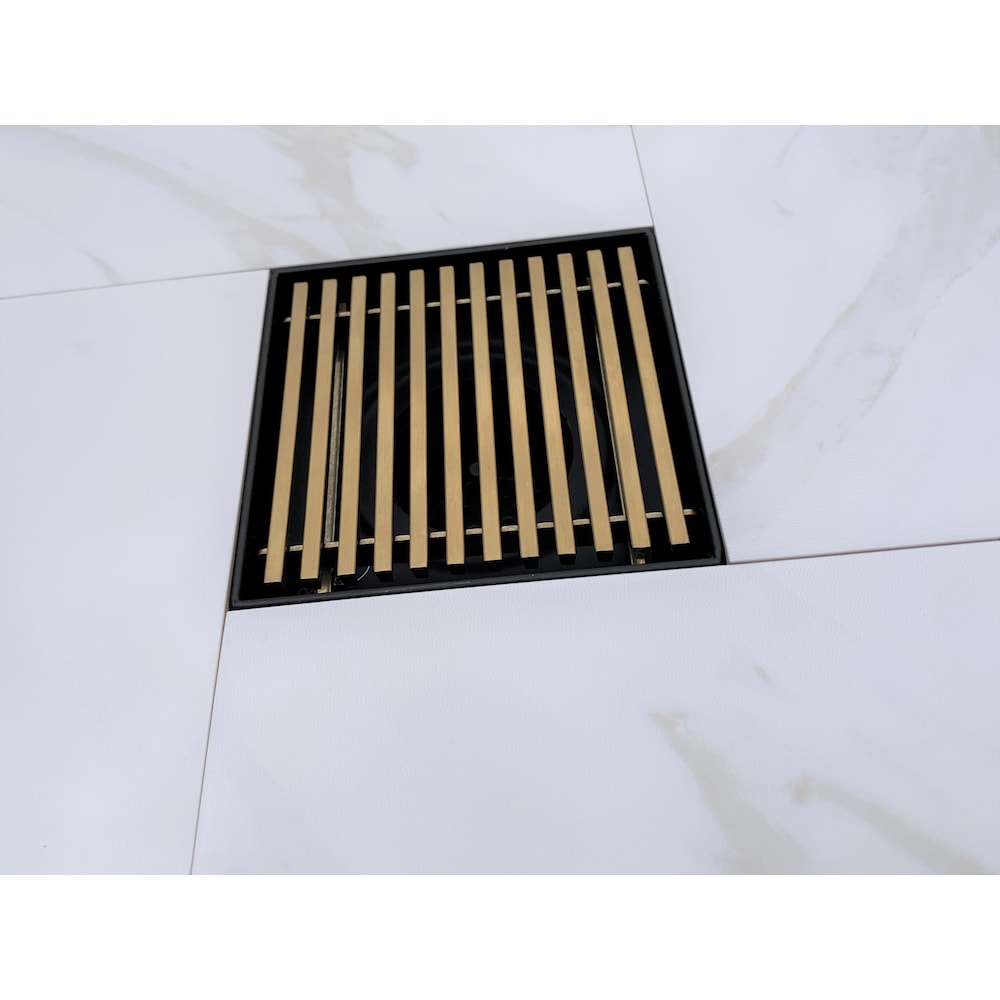 Mixed Metal series 6 inch Brushed Gold and Matte Black Square Shower Drain with Linear Pattern Cover