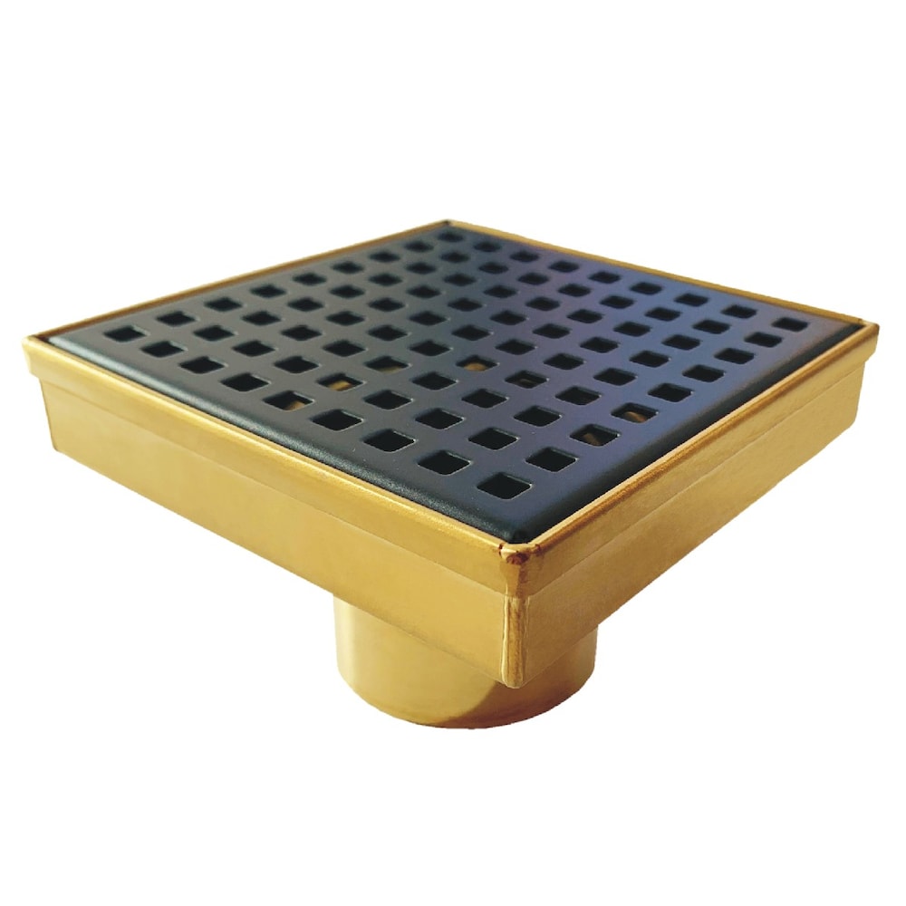 Drain de douche carré noir mat et or brossé, série Mixed Metal, 8 pouces, avec couvercle à motif carré