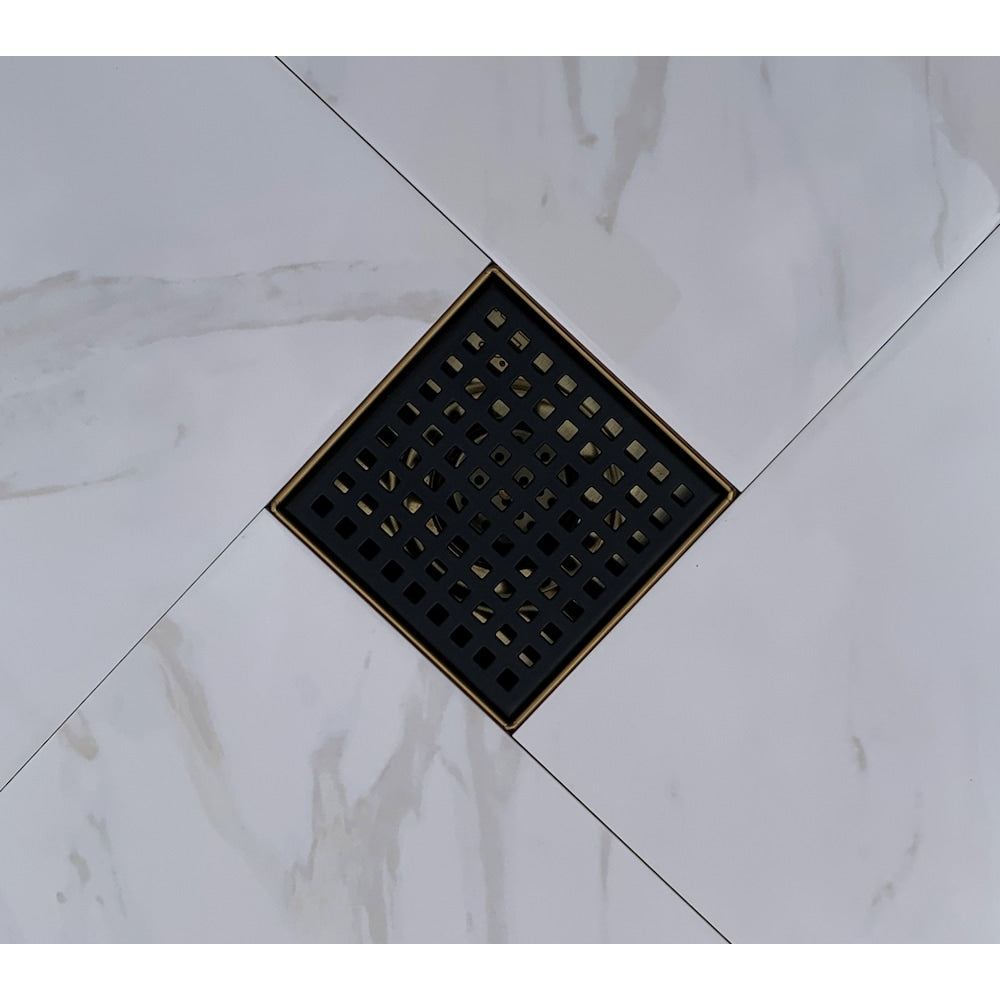 Mixed Metal series 8 inch Matte Black and Brushed Gold Square Shower Drain with Square Pattern Cover
