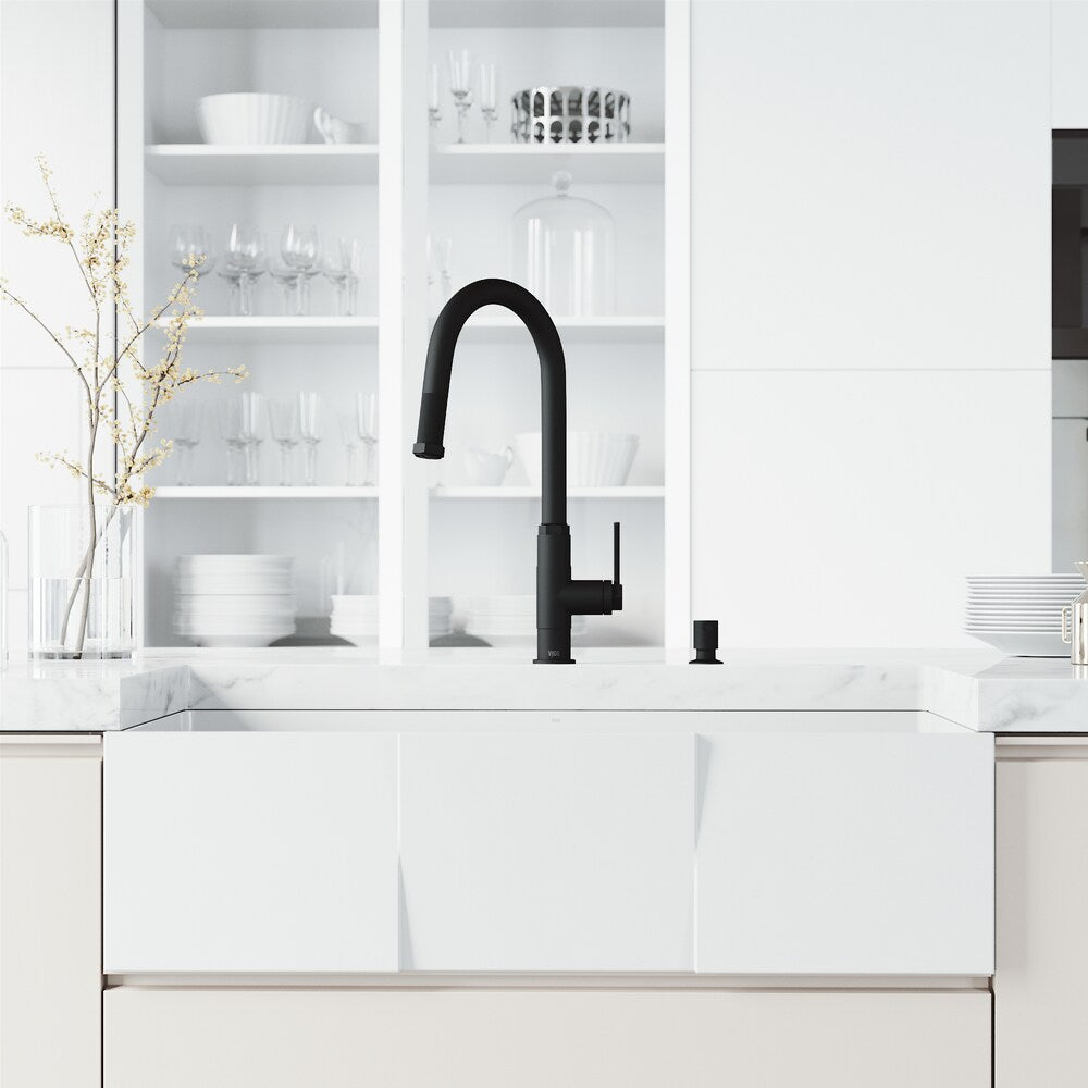 Robinet de cuisine à poignée unique et bec rétractable Hart avec distributeur de savon en noir mat