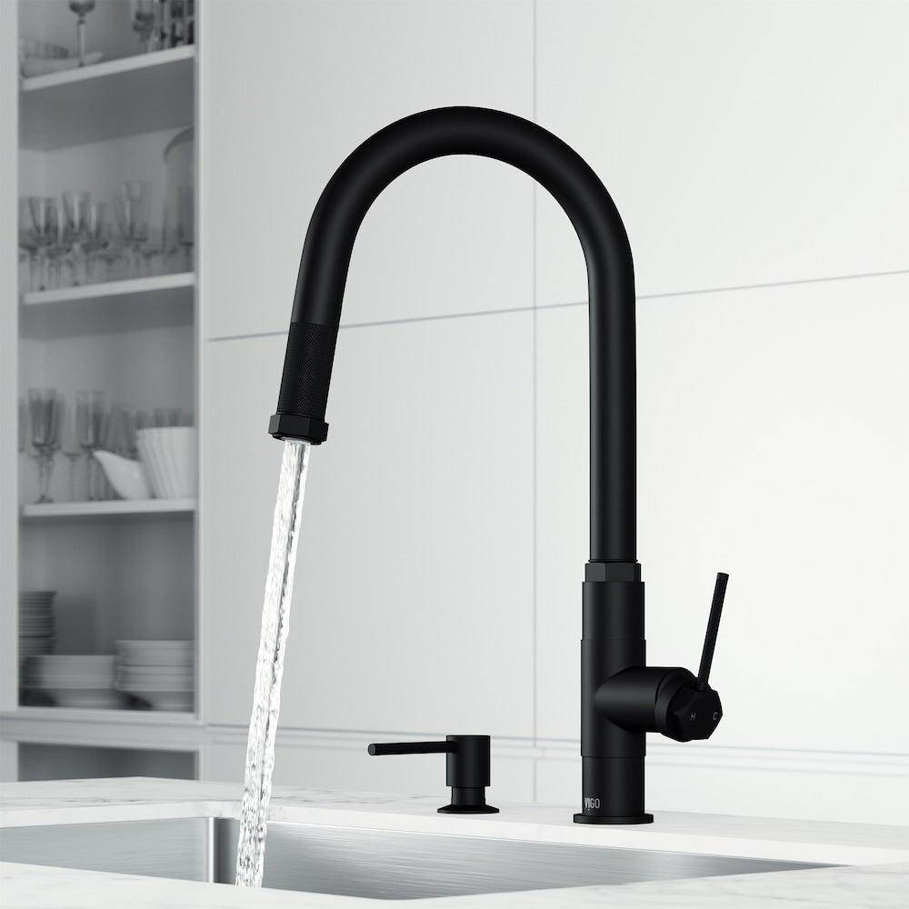 Robinet de cuisine à poignée unique et bec rétractable Hart avec distributeur de savon en noir mat