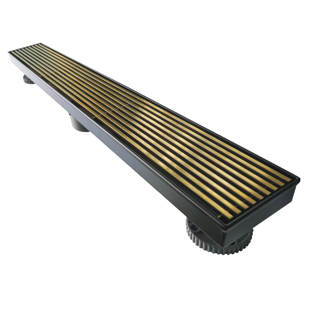 Drain de douche en or brossé et noir mat de 24 pouces, série Mixed Metal, avec couvercle à motif linéaire
