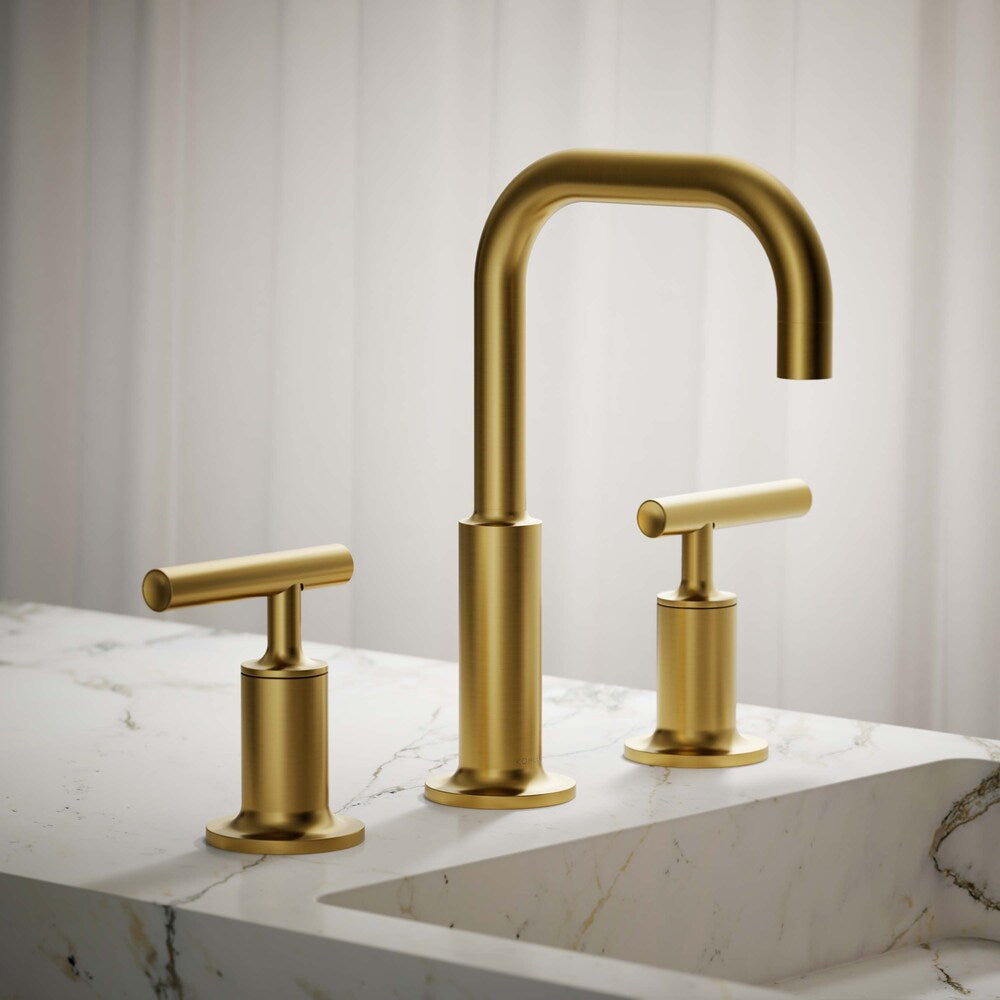 Robinet de lavabo de salle de bain à large portée Purist avec poignées à levier basses et bec col de cygne bas, laiton
