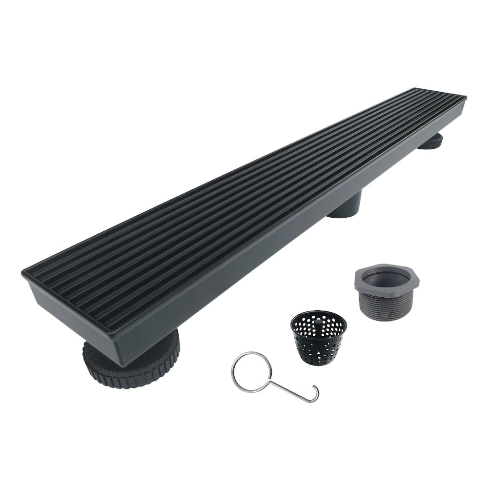 28 inch Matte Black Shower Drain with Linear Pattern Cover