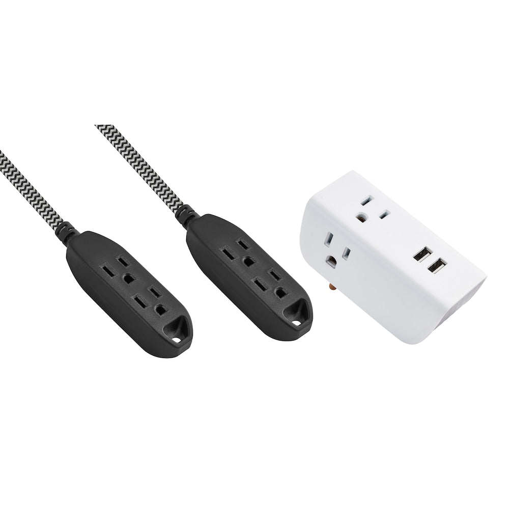 9 ft. 3-Outlet 16 Gauge Light Duty 13 Amps Indoor Extension Cord and Wall Tap with USB Set,White