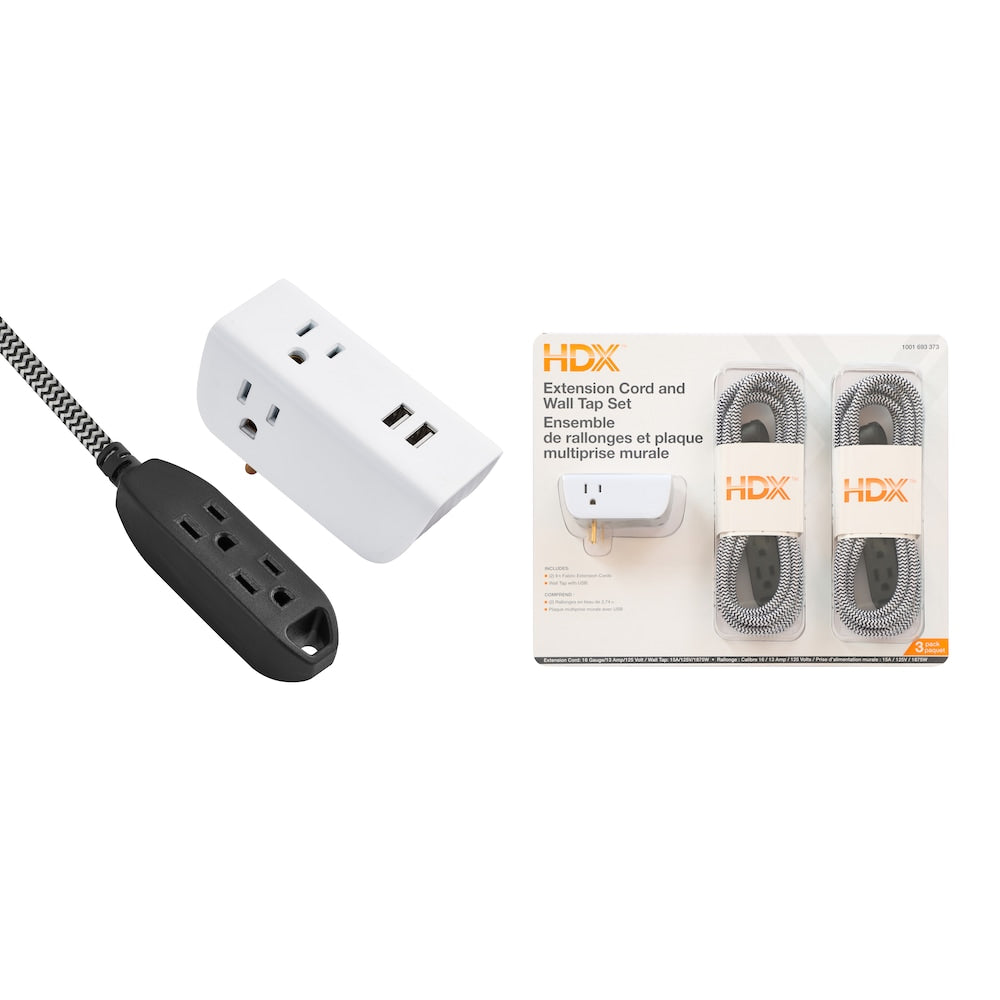 9 ft. 3-Outlet 16 Gauge Light Duty 13 Amps Indoor Extension Cord and Wall Tap with USB Set,White