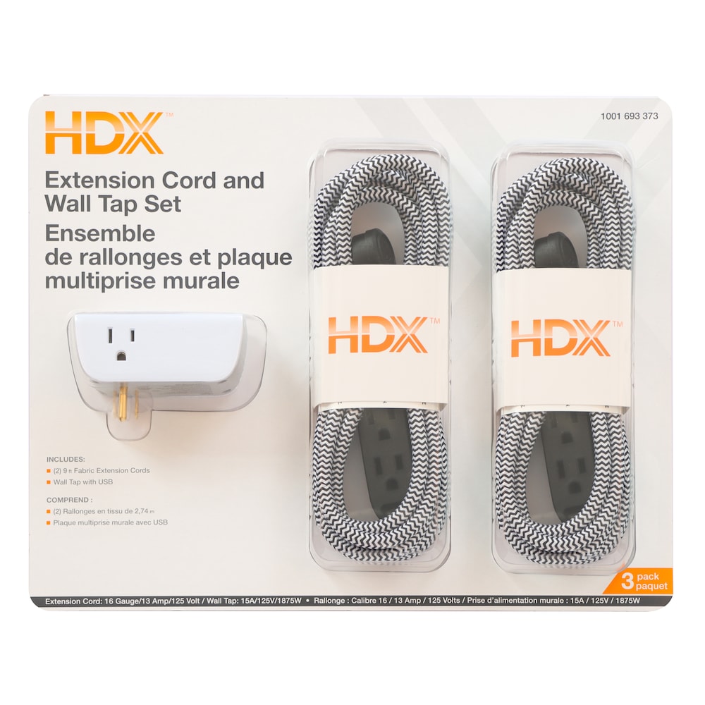 9 ft. 3-Outlet 16 Gauge Light Duty 13 Amps Indoor Extension Cord and Wall Tap with USB Set,White