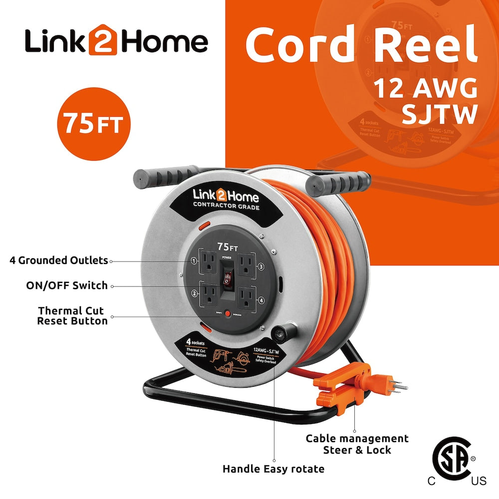 75 ft. 12/3 Extension Cord Storage Reel with 4 Grounded Outlets and Overload Circuit Breaker
