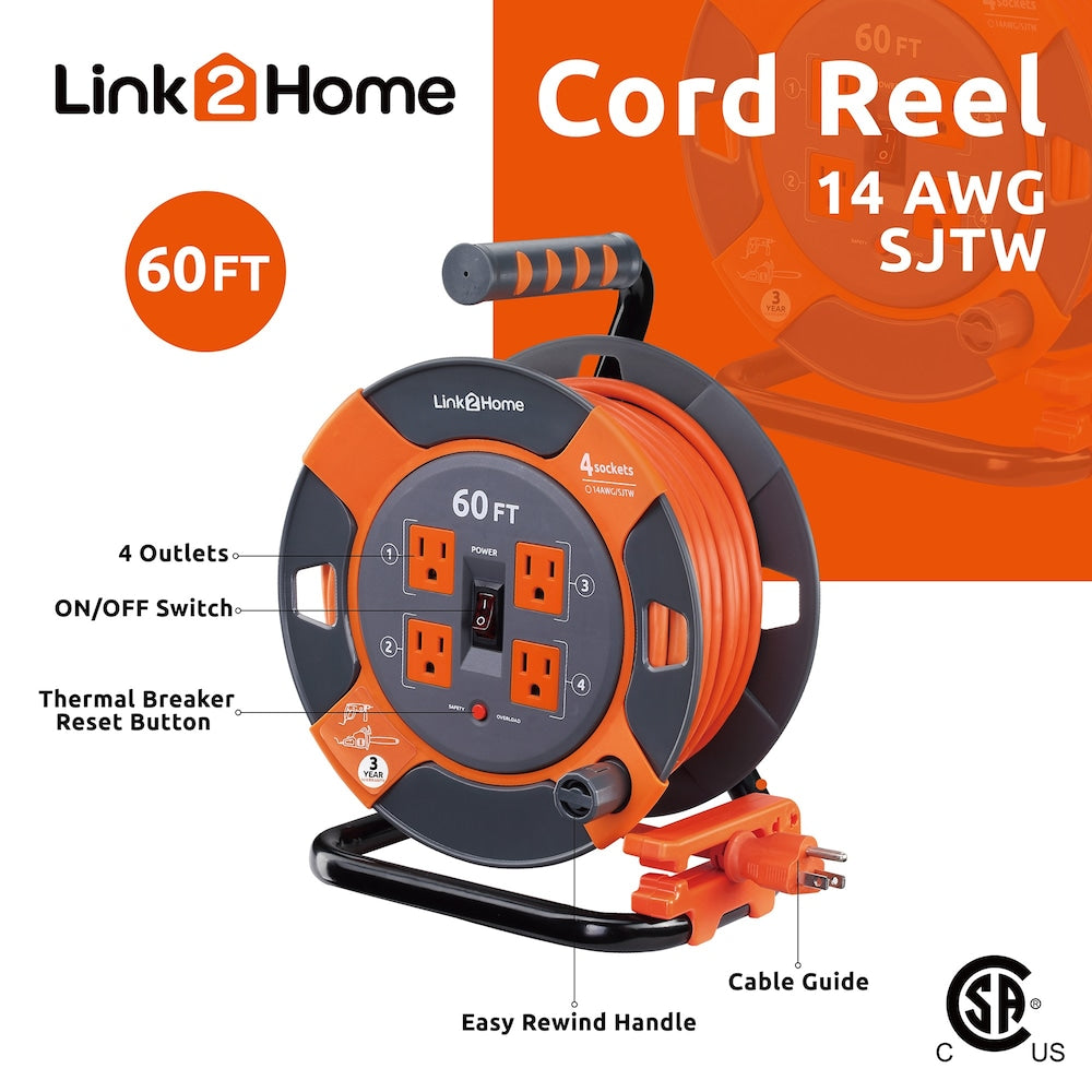 60 ft. 14/3 Extension Cord Storage Reel with 4 Grounded Outlets and Overload Circuit Breaker