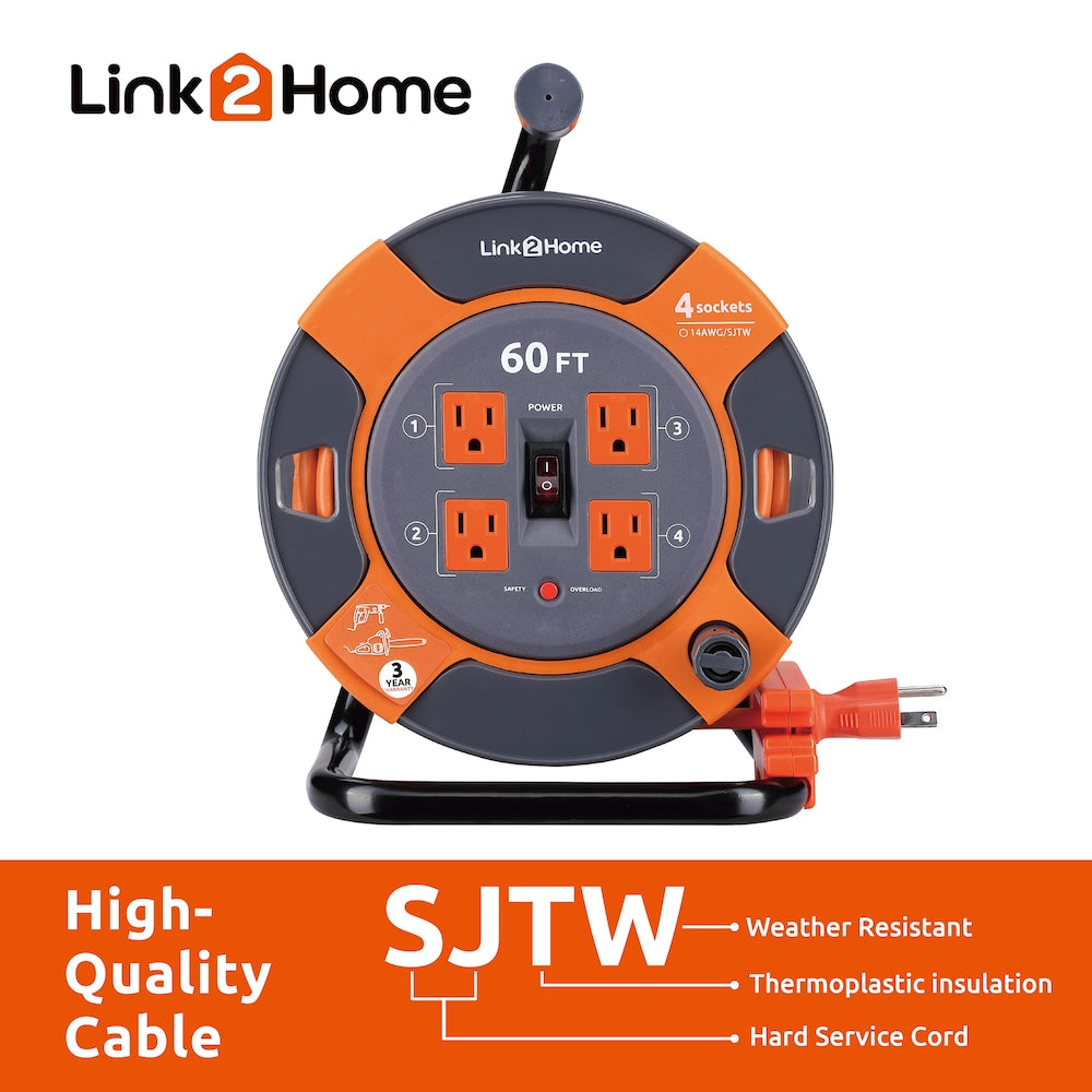 60 ft. 14/3 Extension Cord Storage Reel with 4 Grounded Outlets and Overload Circuit Breaker