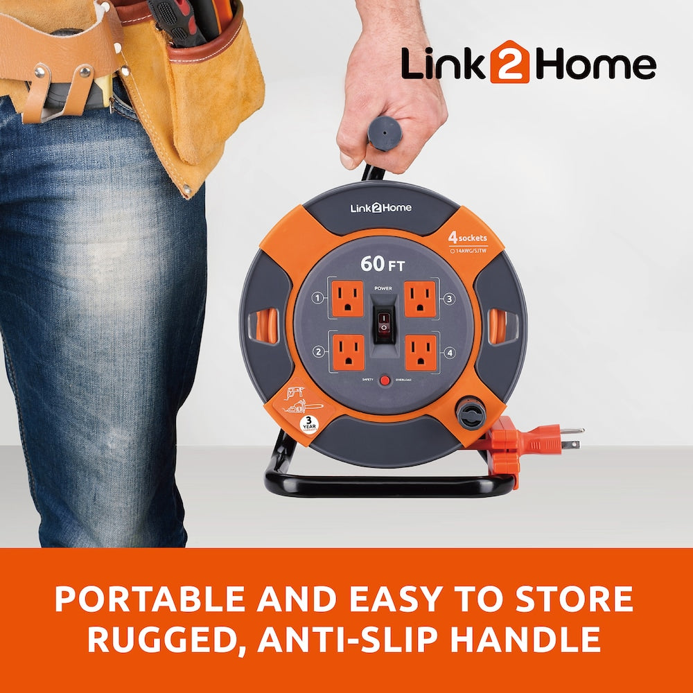 60 ft. 14/3 Extension Cord Storage Reel with 4 Grounded Outlets and Overload Circuit Breaker
