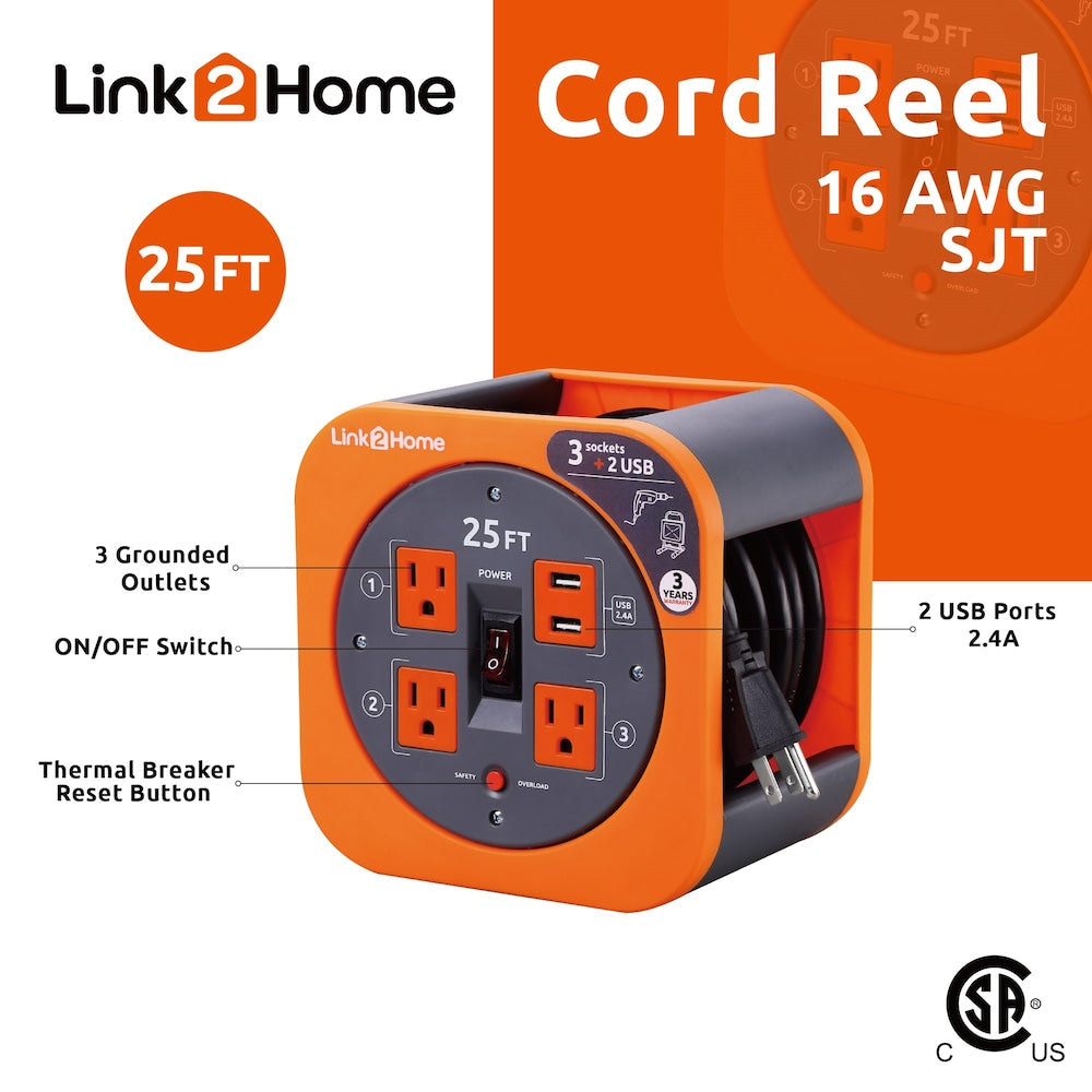 25 ft. 14/3 Extension Cord Reel with 2 USB Ports and 3 Grounded Outlets, and Overload Circuit Breaker