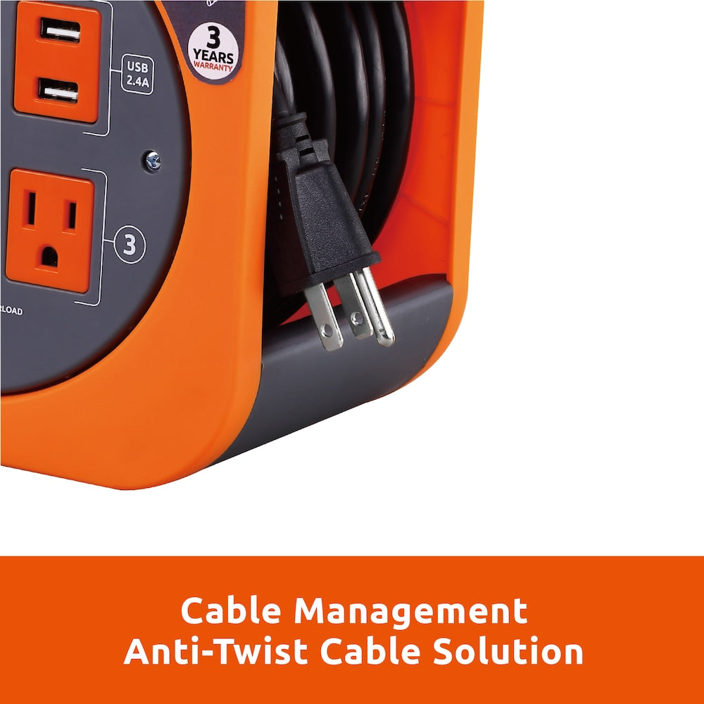 25 ft. 14/3 Extension Cord Reel with 2 USB Ports and 3 Grounded Outlets, and Overload Circuit Breaker