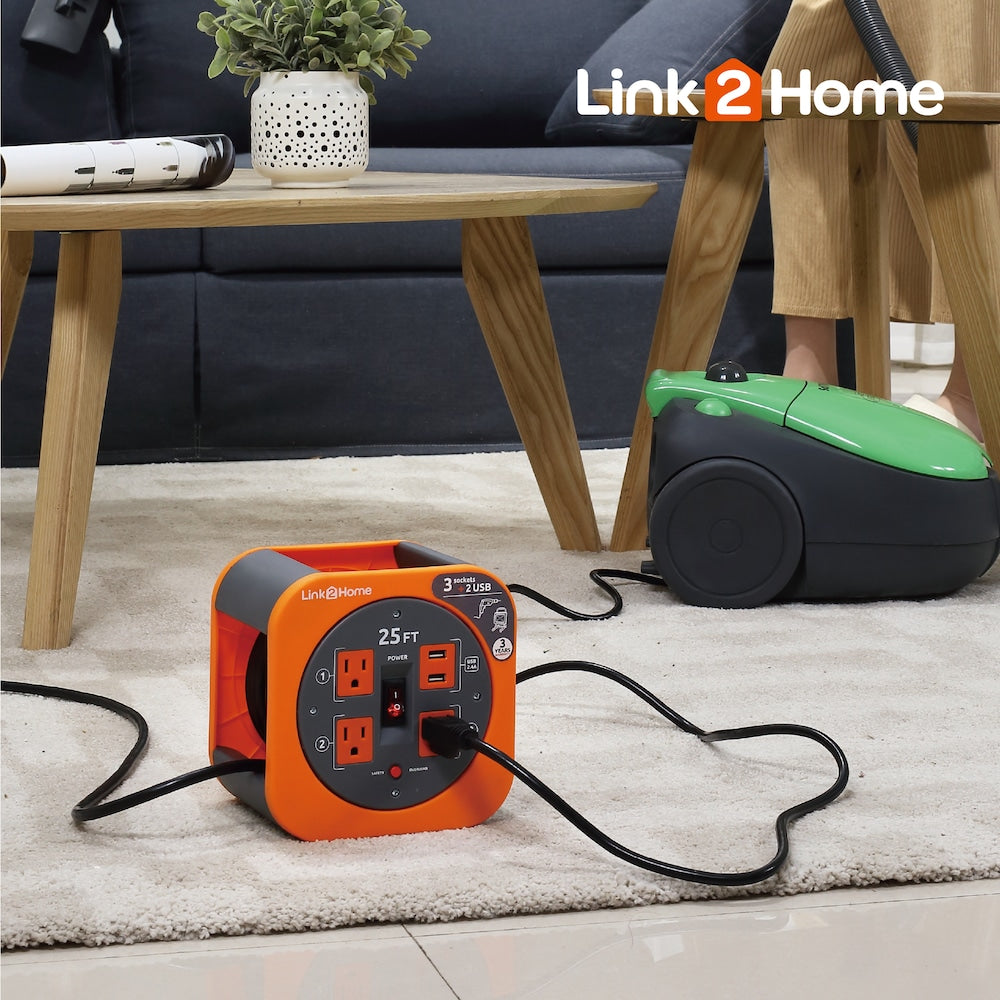 25 ft. 14/3 Extension Cord Reel with 2 USB Ports and 3 Grounded Outlets, and Overload Circuit Breaker