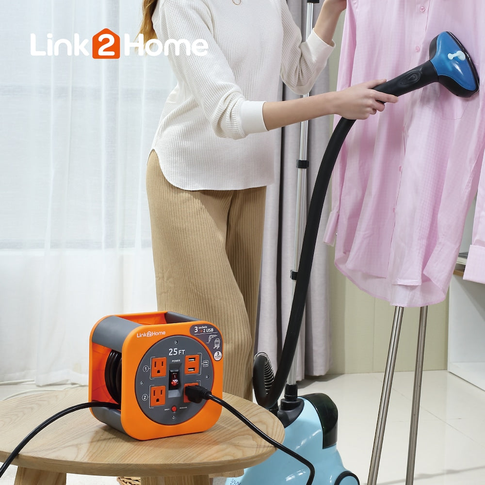 25 ft. 14/3 Extension Cord Reel with 2 USB Ports and 3 Grounded Outlets, and Overload Circuit Breaker