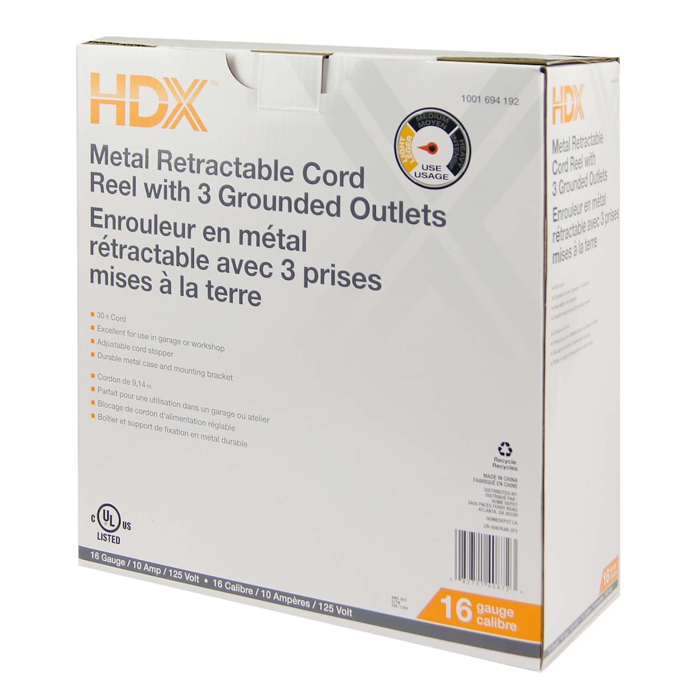 30 ft. 16 Gauge 10 Amps Indoor/Outdoor Light Duty Metal Retractable 3-Outlet Extension Cord Reel