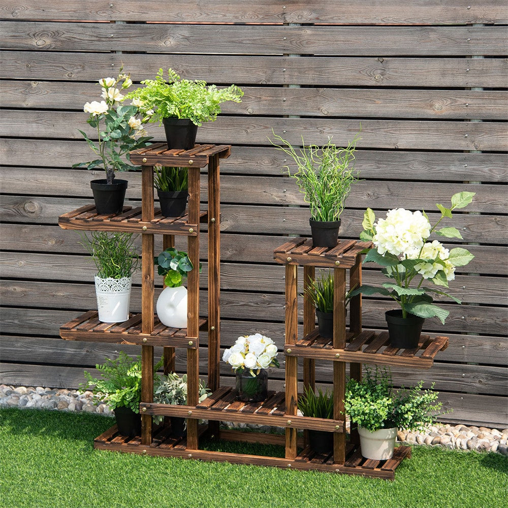 Présentoir à 6 niveaux pour 13 pots de fleurs en bois Étagère de rangement en bois pour jardin
