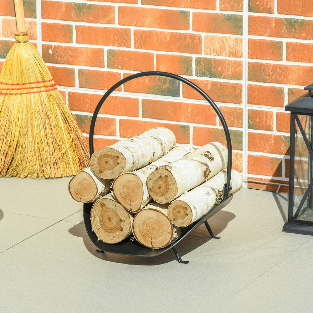 Curved Firewood Log Rack Holder Wood Storage Basket w/ Handle Outdoor Indoor