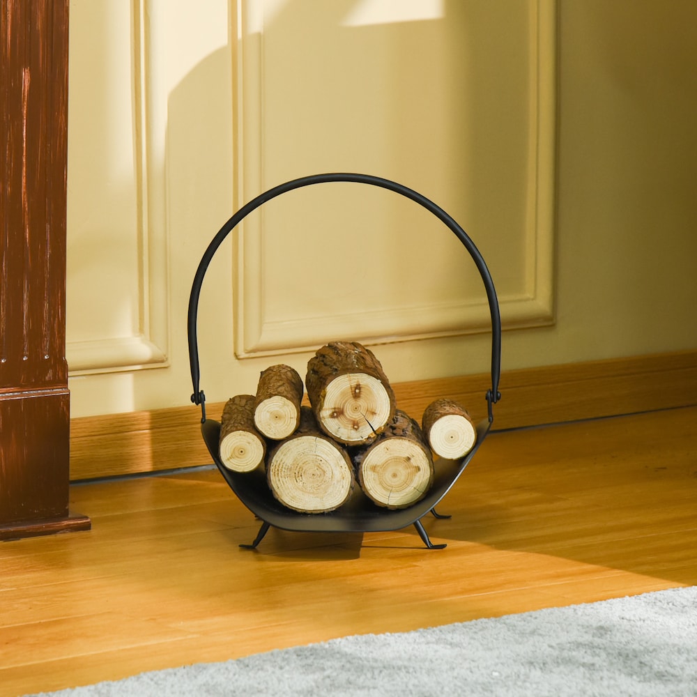 Curved Firewood Log Rack Holder Wood Storage Basket w/ Handle Outdoor Indoor