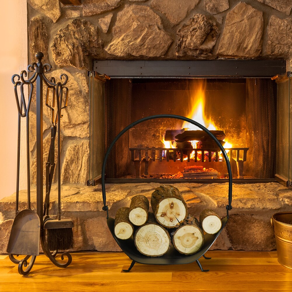 Curved Firewood Log Rack Holder Wood Storage Basket w/ Handle Outdoor Indoor