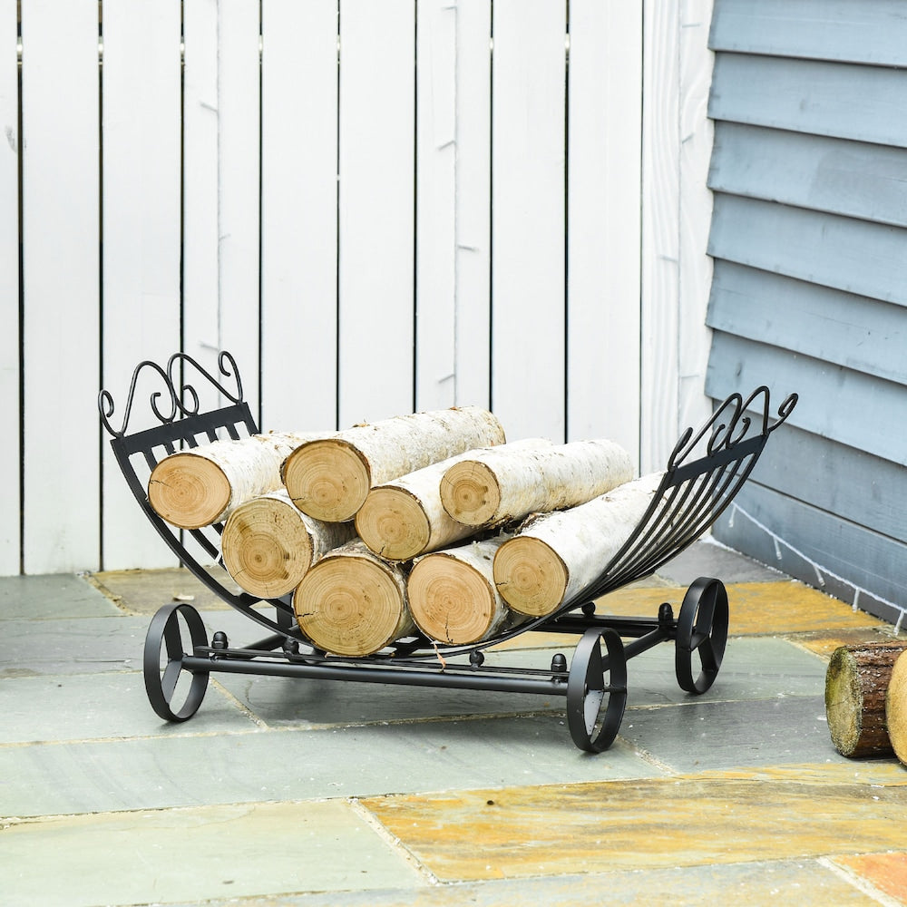Curved Firewood Log Rack Stylish Wood Storage Holder w/ Scrolls Outdoor Indoor