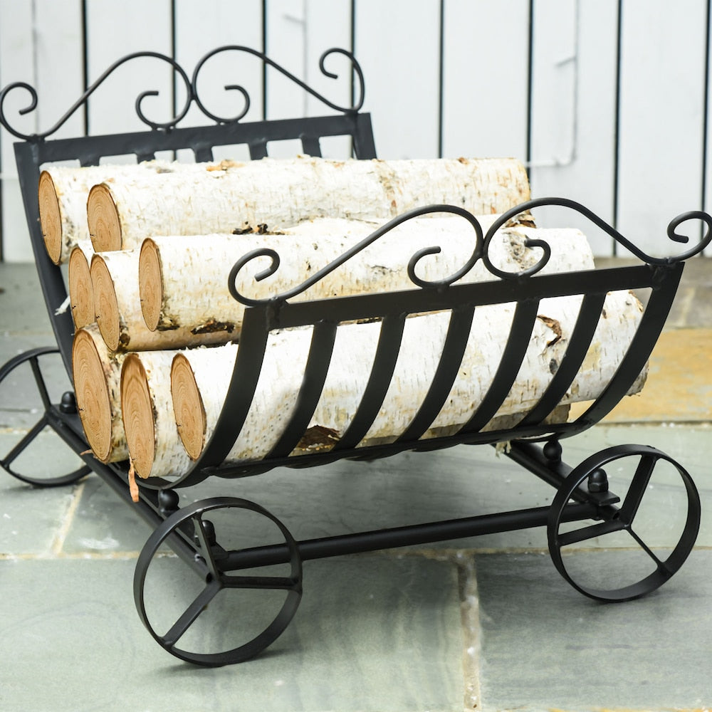Curved Firewood Log Rack Stylish Wood Storage Holder w/ Scrolls Outdoor Indoor