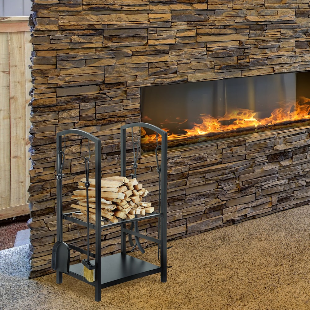 Heavy Duty Firewood Rack Wood Storage Holder Patio w/ 4 Tools Black