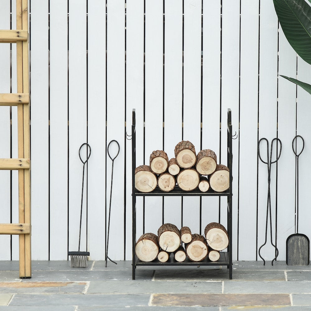 2-Layer Heavy Duty Firewood Rack Wood Log Fireplace Stacker w/ 4 Tools, Gold