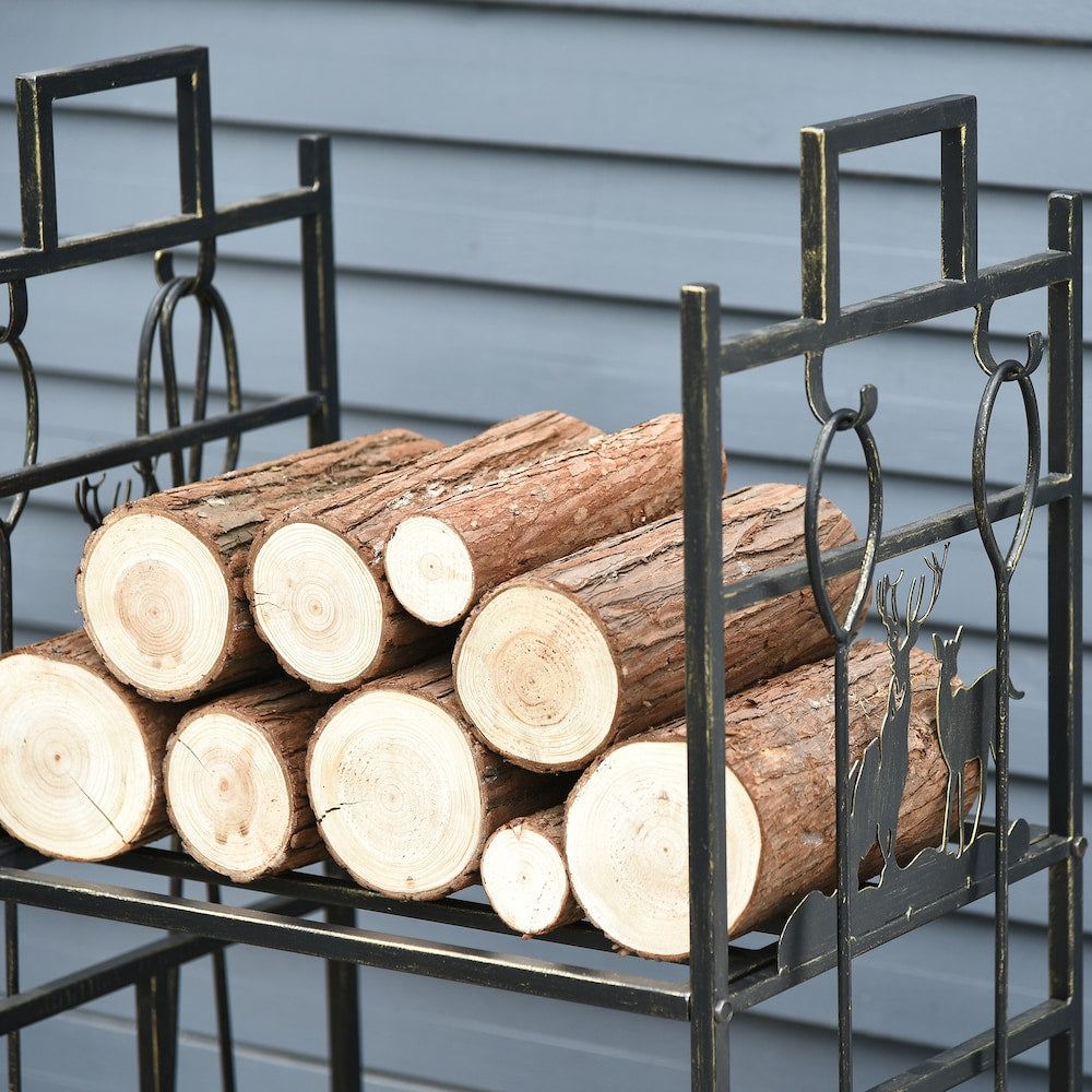 2-Layer Heavy Duty Firewood Rack Wood Log Fireplace Stacker w/ 4 Tools, Gold