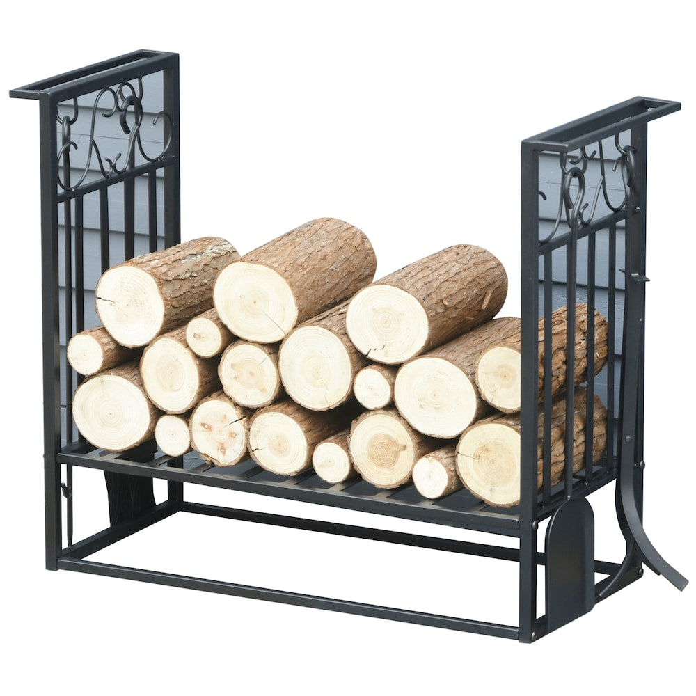 Heavy Duty Firewood Wood Log Rack Vintage Design Firewood Storage w/ 4 Tools, Black