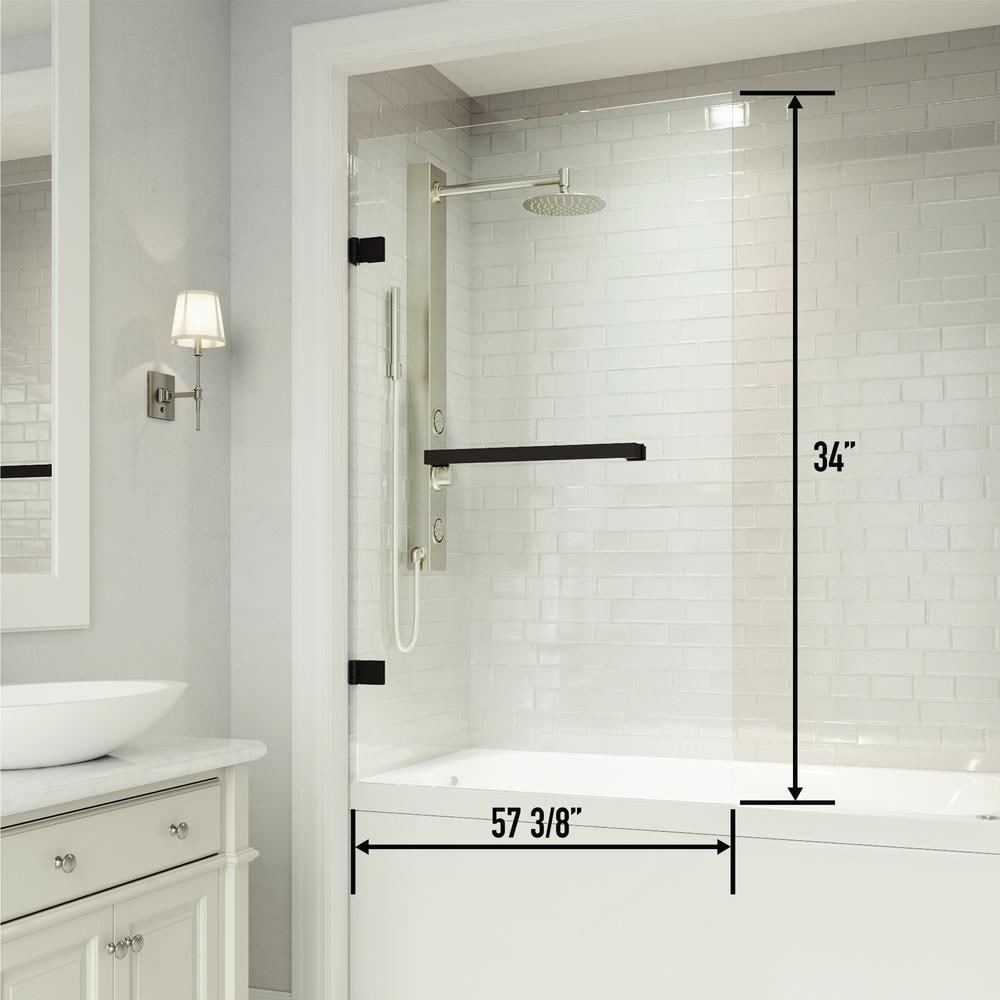 Rialto 34 in. W x 58 in. H Frameless Hinged Bathtub Door in Matte Black with Clear Glass and Handle