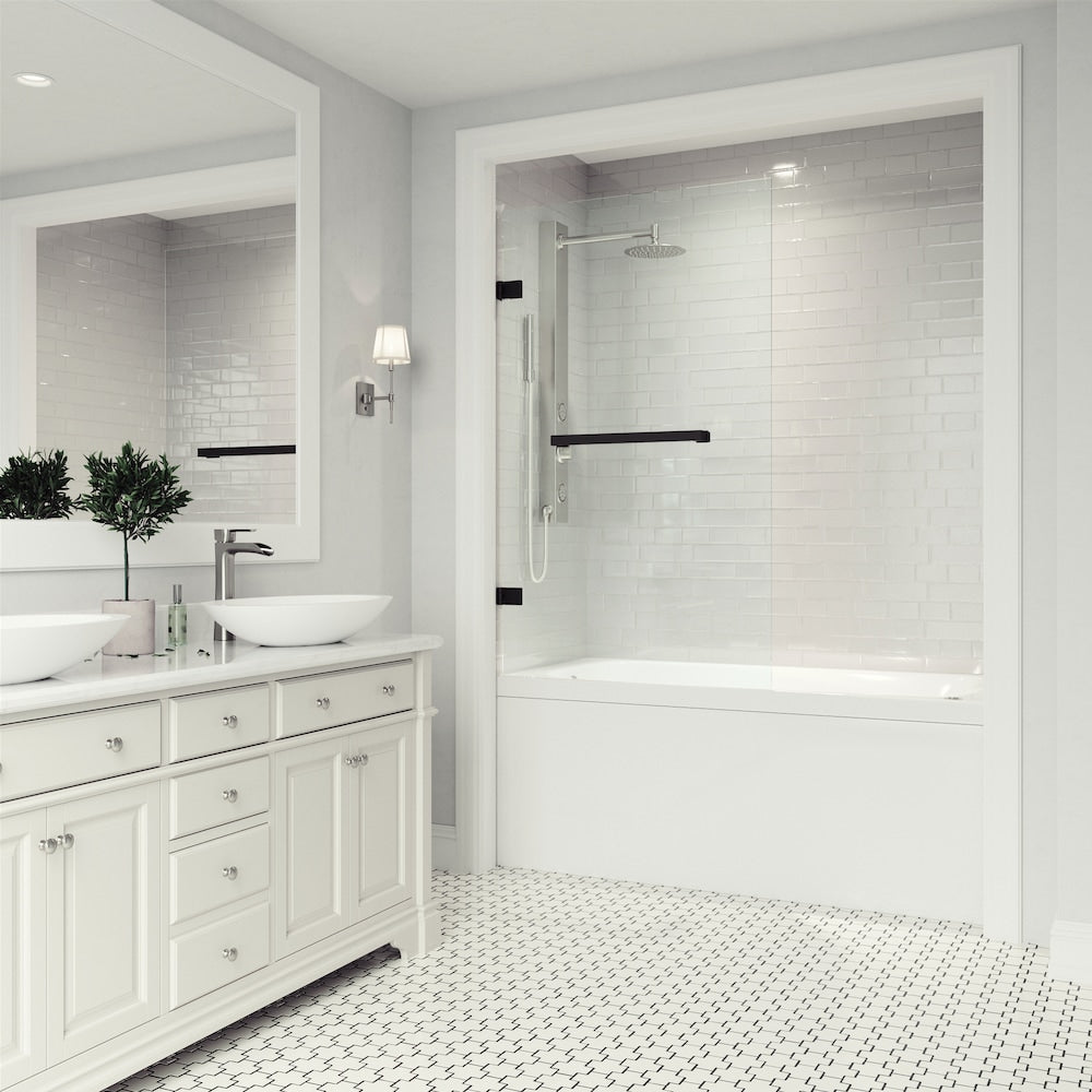 Rialto 34 in. W x 58 in. H Frameless Hinged Bathtub Door in Matte Black with Clear Glass and Handle