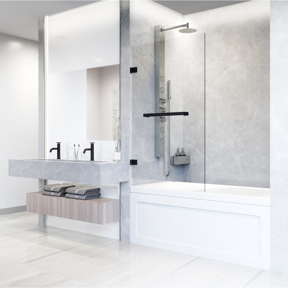 Rialto 34 in. W x 58 in. H Frameless Hinged Bathtub Door in Matte Black with Clear Glass and Handle