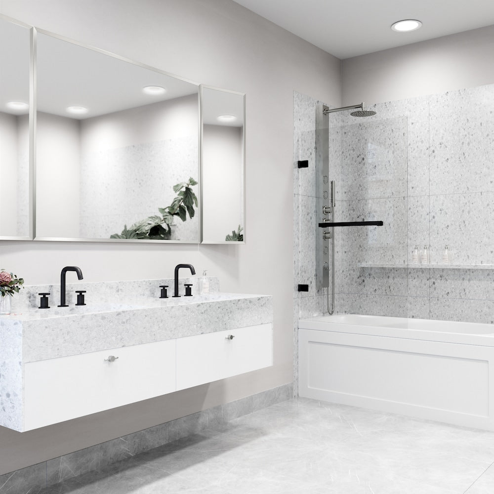 Rialto 34 in. W x 58 in. H Frameless Hinged Bathtub Door in Matte Black with Clear Glass and Handle