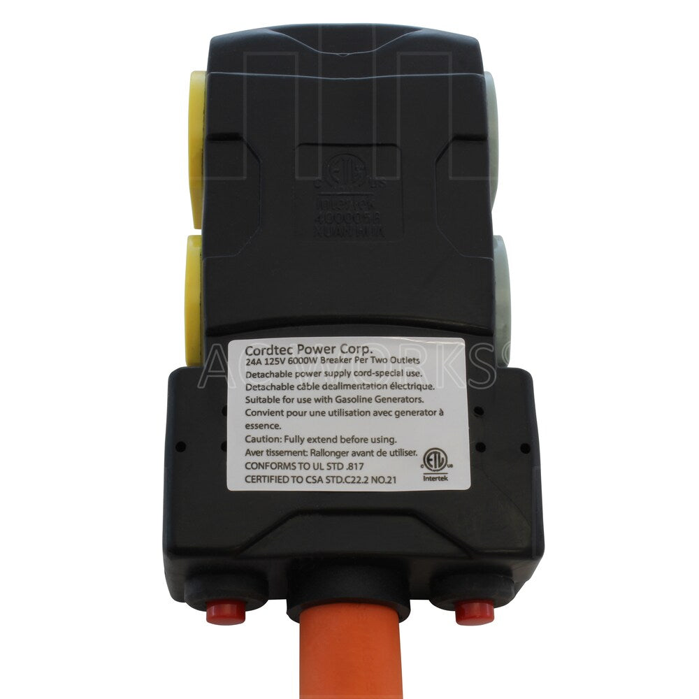 1.5FT L21-30P 30A 5-Prong Locking Plug to (4) Household Outlets with 20A Breakers