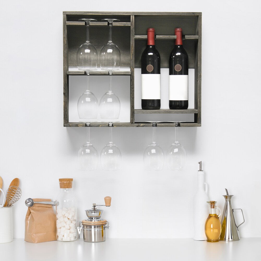 19.7 inch Rustic Gray Bartow Wall Mounted Wood Wine Rack Shelf with Glass Holder