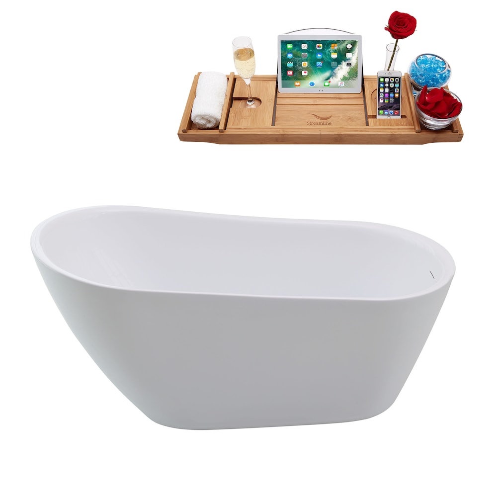 N3680GLD 59 inch Freestanding Oval Tub With Internal Drain and Tray in White