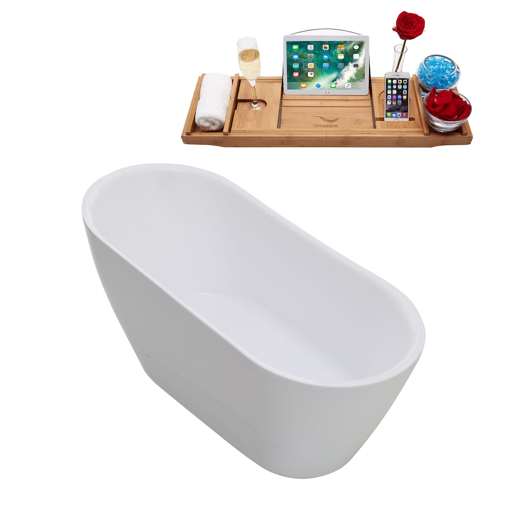 N3680GLD 59 inch Freestanding Oval Tub With Internal Drain and Tray in White