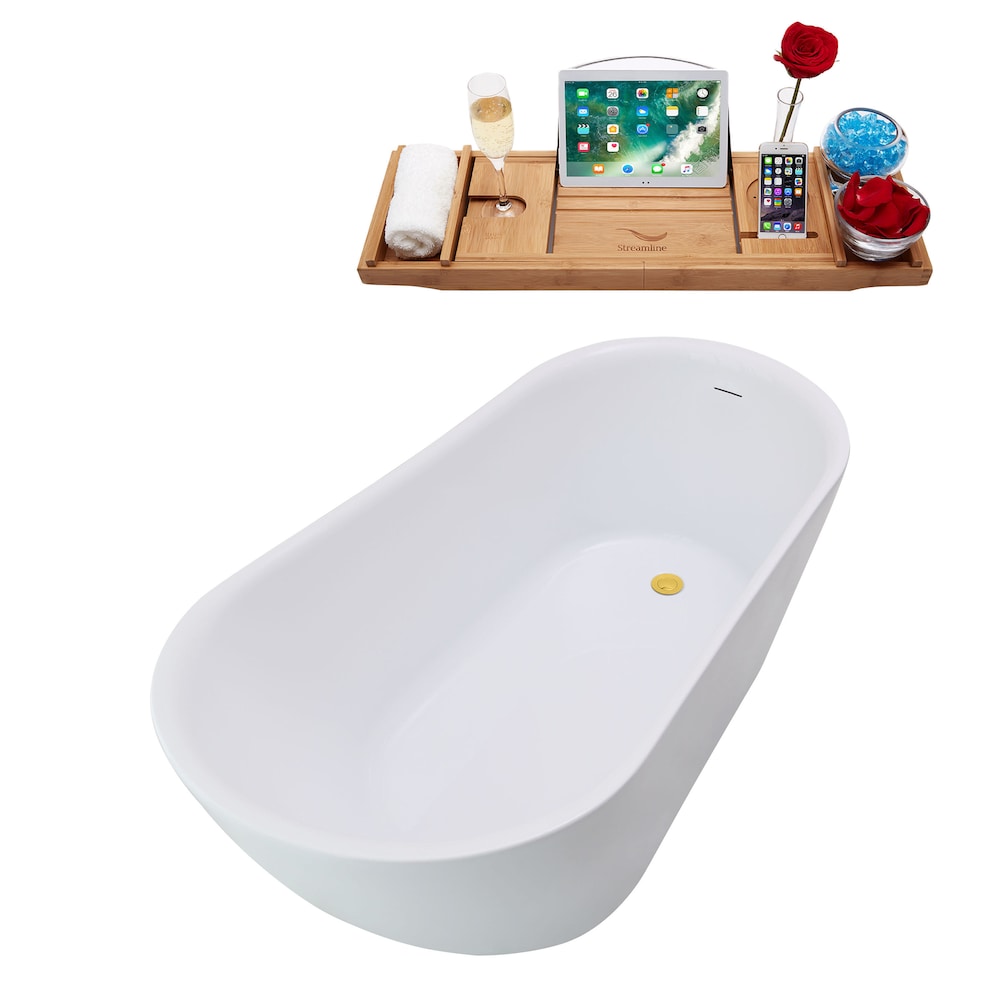 N3680GLD 59 inch Freestanding Oval Tub With Internal Drain and Tray in White