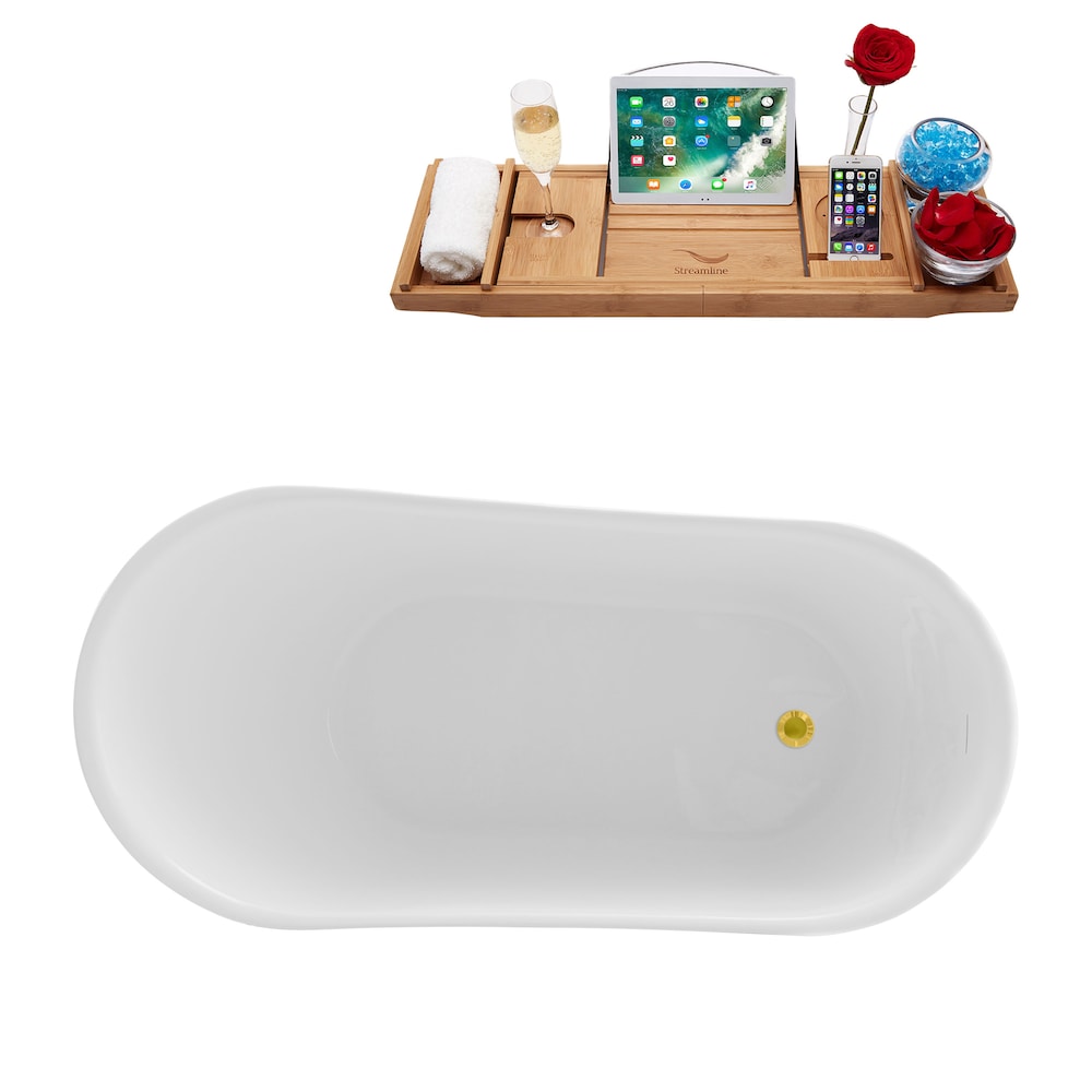 N3680GLD 59 inch Freestanding Oval Tub With Internal Drain and Tray in White