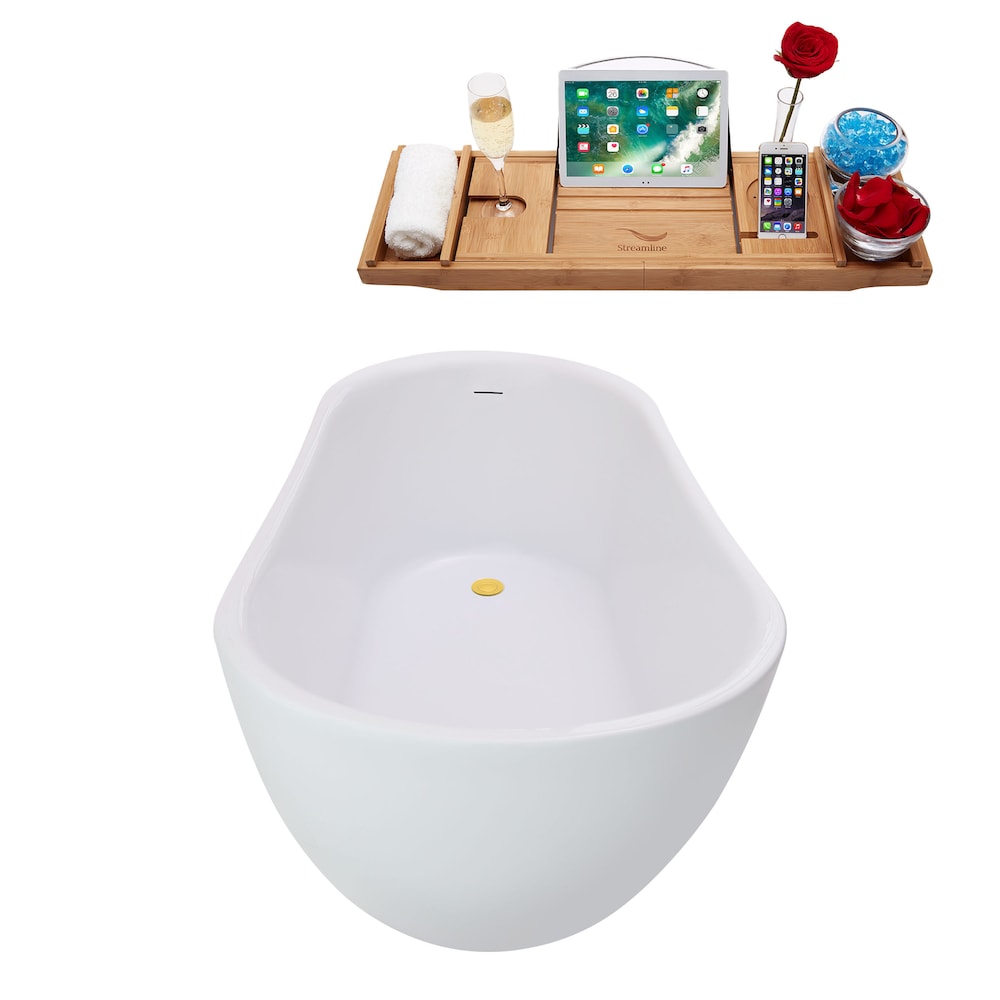 N3680GLD 59 inch Freestanding Oval Tub With Internal Drain and Tray in White