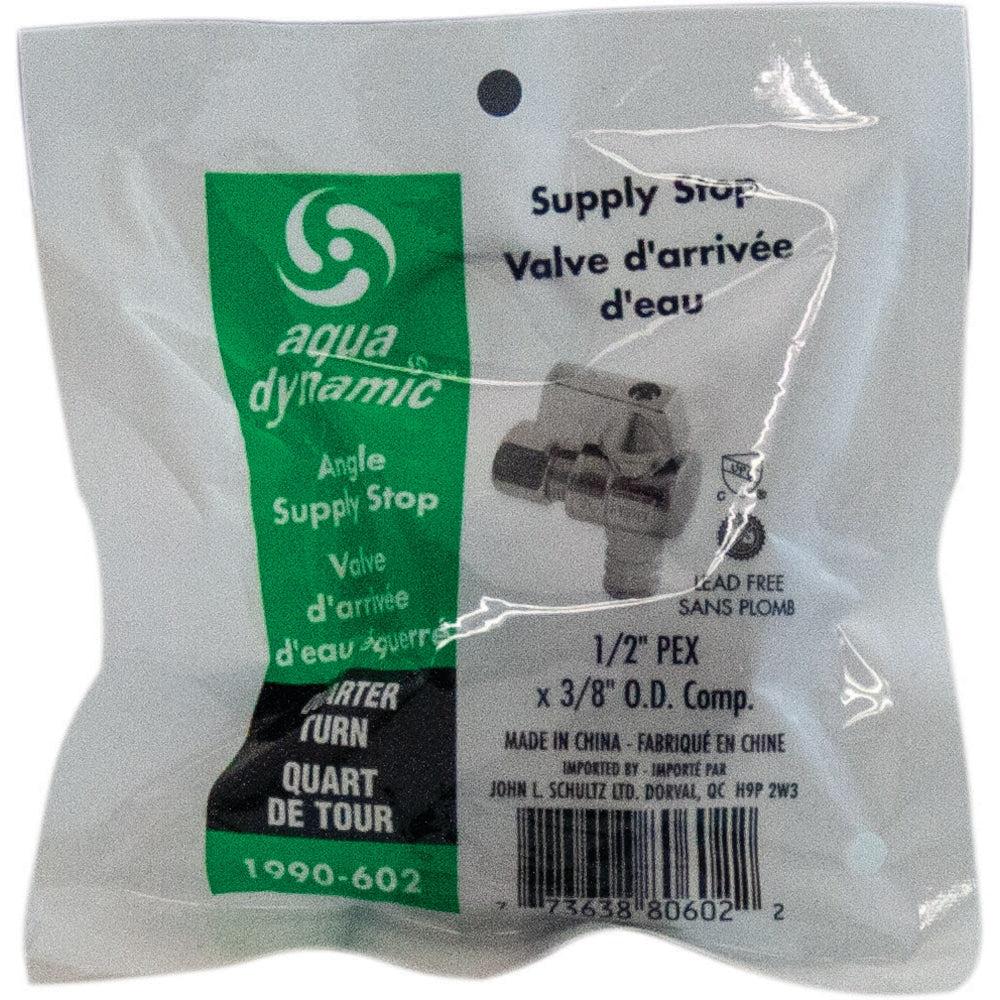 Vanne d'arrêt d'alimentation 1/2" PEX x 3/8" OD Comp. Angle quart de tour paquet de 25